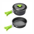 Set vase gatit camping, outdoor, 11 componente, cu oala, tigaie, ceainic, lingura, polonic, mini boluri, burete, pentru 2 persoane, TRS012