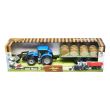 Tractor albastru jucarie cu incarcator frontal si remorca pentru baloti Farm Truck