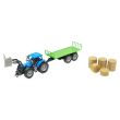Tractor albastru jucarie cu incarcator frontal si remorca pentru baloti Farm Truck