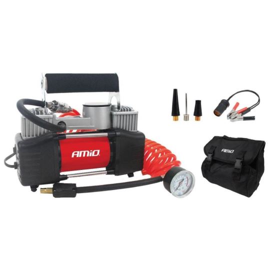 Compresor aer 12V, 10bar, 2 cilindri, cu furtun cu manometru Acomp04 01136 Amio