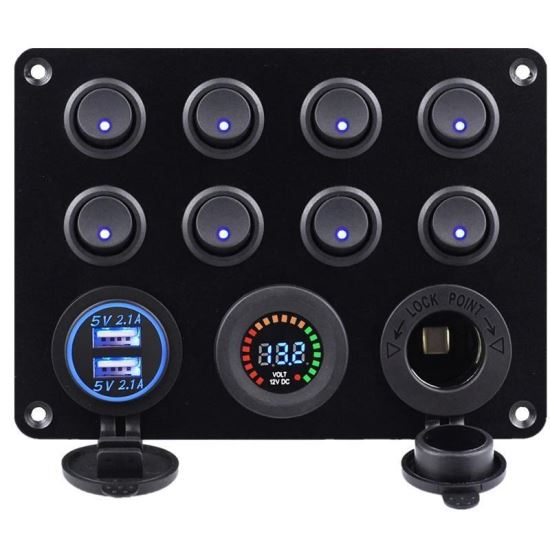 Panou 8 intrerupatoare cu priza12v, 2Usb si voltmetru, 12-24v,15x11cm \Art SPA40