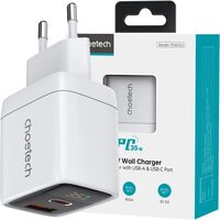 Incarcator Stecher priza 220V cu 2 USB, USB- C+USB-A, cu afisas, 5V QC 3.0, 35W GaN PD6052 Choetech