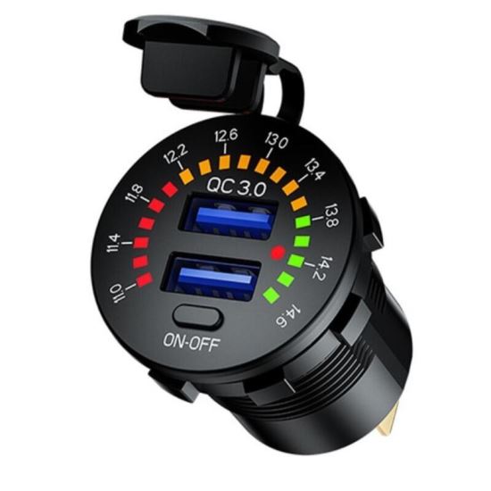 Priza cu 2 USB, 12-24V, LED, 2xUSB QC3.0, cu voltmetru si buton on-off, incastrabila, 63206 Carmotion