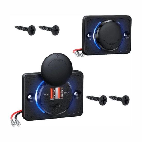Priza cu 2 USB, cu LED albastru, 12-24V, 3.1A QC 3.0, cu panou montare, W05237