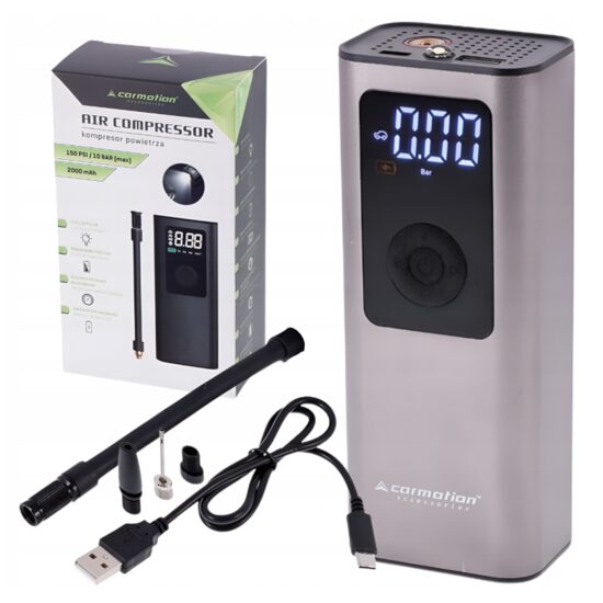 Compresor aer portabil, wireless, multifunctional, cu acumulator 2000 mAh, incarcare cu USB in/out, 150psi/ 10bar, cu lanterna si accesorii, manomentru digital programabil, 63330 Carmotion