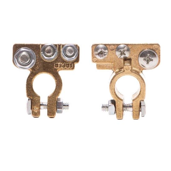 Set 2 borne acumulator cu T, fixare cu 3 suruburi (M8 si 2xM6) 90gr, S11 plus si S11 minus, Saper