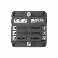 Cutie sigurante plate cu 6 circuite CC, linie conexiune negativa, indicator LED si capac protectie, 12-24V, 03038 Amio