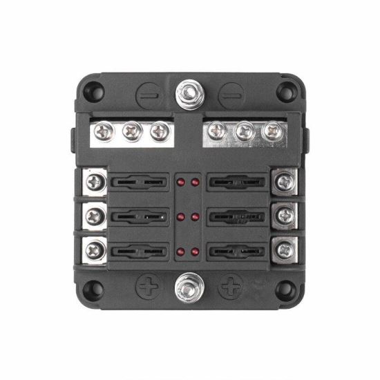 Cutie sigurante plate cu 6 circuite CC, linie conexiune negativa, indicator LED si capac protectie, 12-24V, 03038 Amio