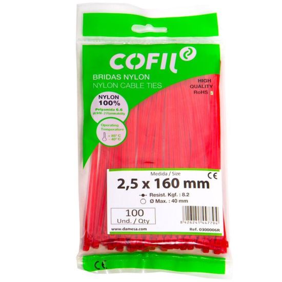 Set 100 coliere plastic 160x2.5mm, rosii, 300006R Damesa