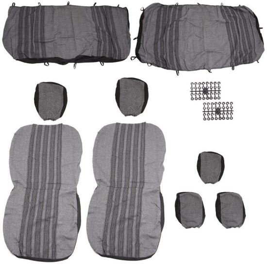 Set huse auto, stofa, Dacia Logan, 5 locuri, 2 cu 3, negru cu alb, dungi gri, DLZ51, Dealiz 