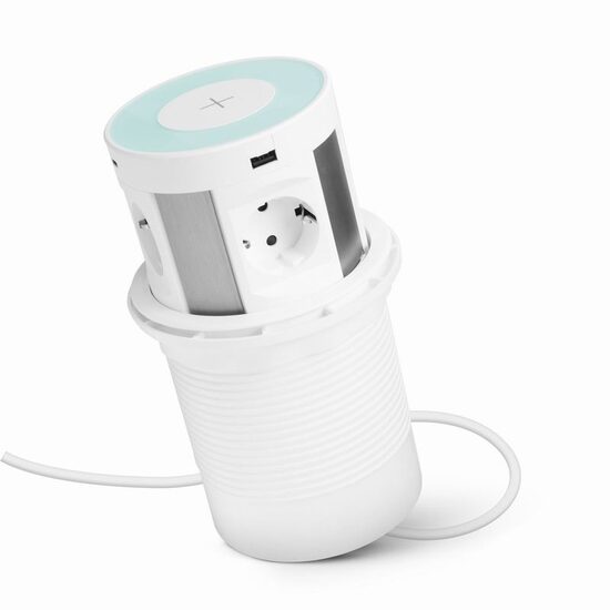 Bloc multipriza incorporabil, camuflat, cu sistem Pop-Up, 4 prize, 4 usb-uri, incarcare Wireless, 97mm, Delight 20434WH