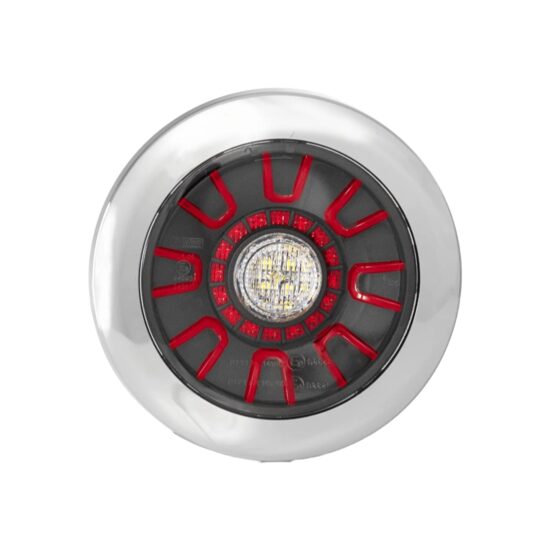 Lampa ceata fi152, 3 functii, LED, cu pozitie si mers inapoi, 12-36V, hamburger, cablu 1m, stanga-dreapta, incastrabila, cu inel cromat, FT-314 LED Fristom