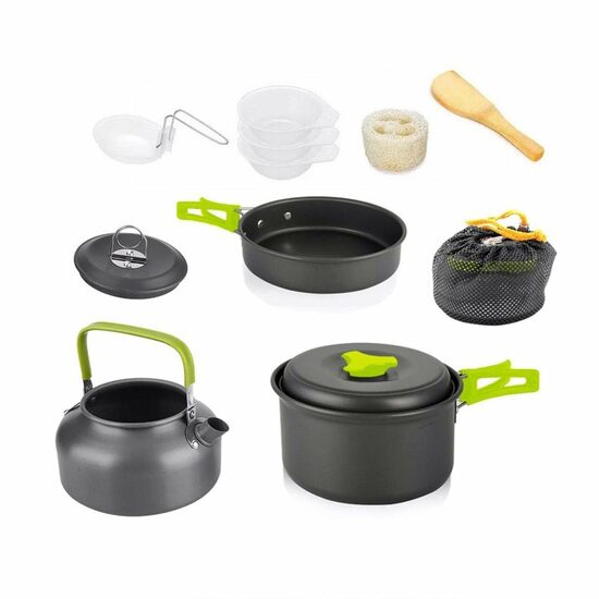 Set vase gatit camping, outdoor, 11 componente, cu oala, tigaie, ceainic, lingura, polonic, mini boluri, burete, pentru 2 persoane, TRS012