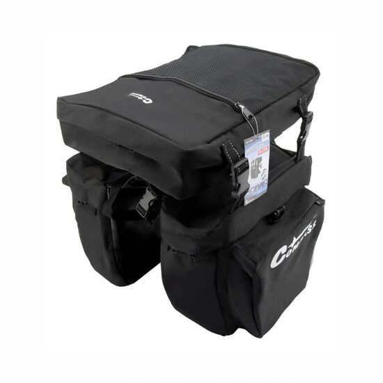 Borseta bicicleta montare pe portbagaj, 3 in 1, impermeabila, 8 buzunare, 35L, neagra, buzunar superior detasabil, 12032 Compass