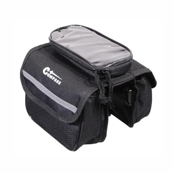 Borseta bicicleta cu husa telefon detasabila, dubla, montare pe ruda, 1.5l, neagra, 12029 Compass