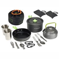 Set vase gatit camping, outdoor, 15 componente, cu oala, tigaie, ceainic, tacamuri, pahare, carabine, pentru 2 persoane 83006 Carmotion