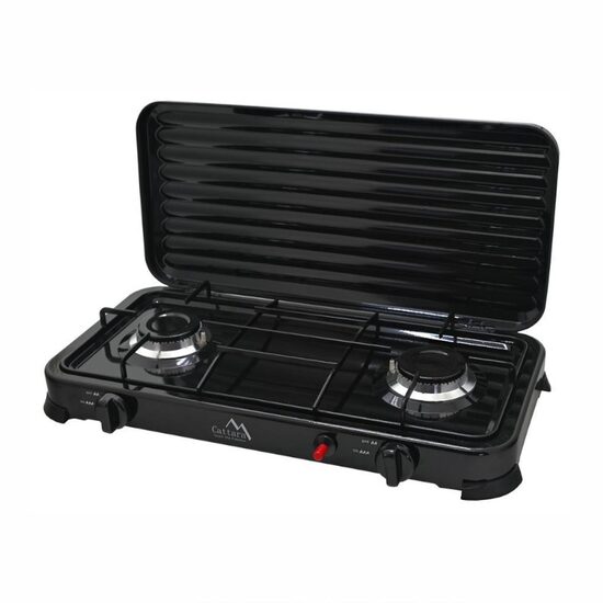 Aragaz portabil camping, cu 2 arzatoare, aprindere piezo, putere 2 x 2.2 kW, consum 320 g/h, capac, Traveler Family 13596 Cattara