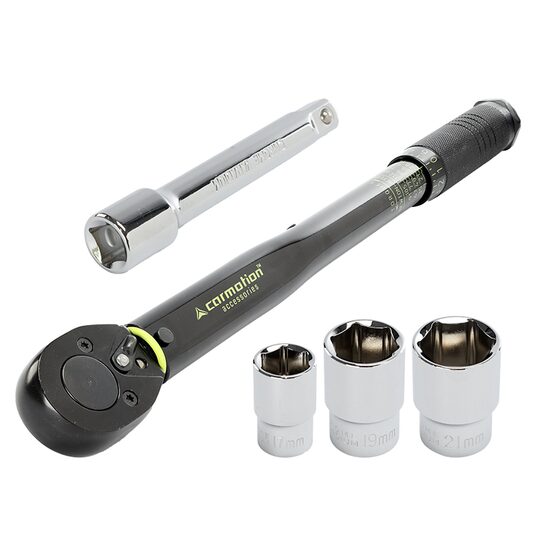 Cheie dinamometrica cu clichet 1/2", 28-210NM, cu prelungitor 125mm si 3 tubulare 17-19-21, 63395 Carmotion