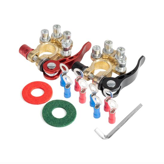 Set 2 borne acumulator cupru 12V, cu papuci si garnituri fixare-decuplare rapida, 4 cai, 04058 Amio 