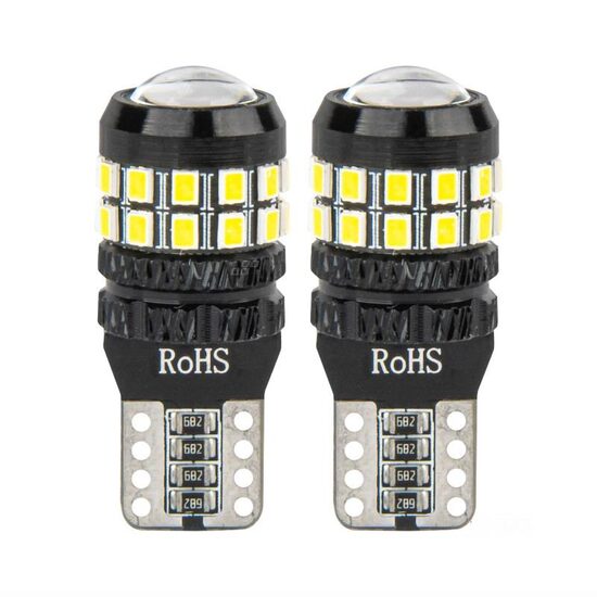 Set 2 becuri T10, 27 LED-uri, SMD 3014, 12-24V, W5W, 5500K, cu lupa, Canbus, alb, 04258 Amio