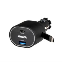 Incarcator auto 2 USB, cu cablu retractabil, LED albastru, 12-24V, USB-A si USB-C, 85W, 04176 Amio