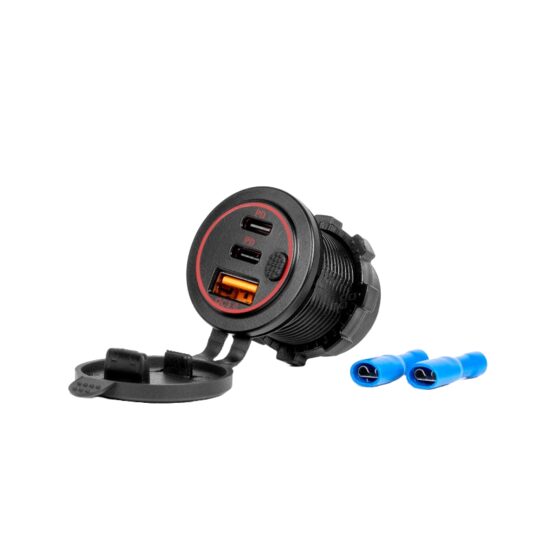 Priza cu 3 USB, 12-24V, 2xUSB-C si 1xUSB-A QC3.0, cu LED rosu, incastrabila, indicator incarcare, 04227 Amio