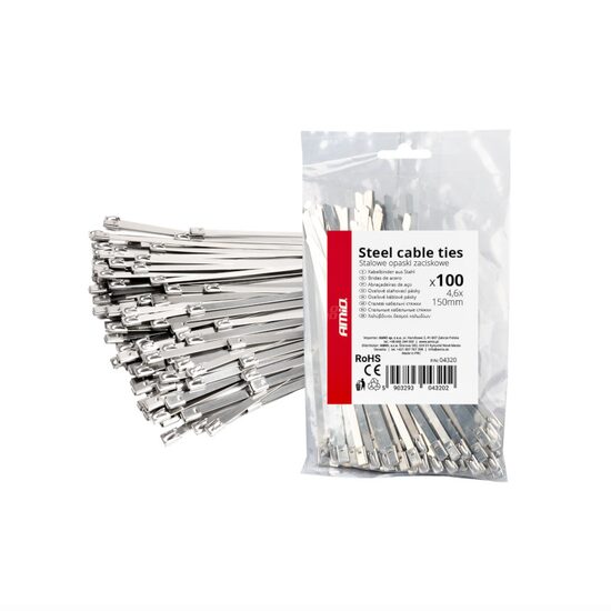 Set 100 coliere metalice, 4.6x150mm, inox, Self Lock Zip Ball, 04320 Amio