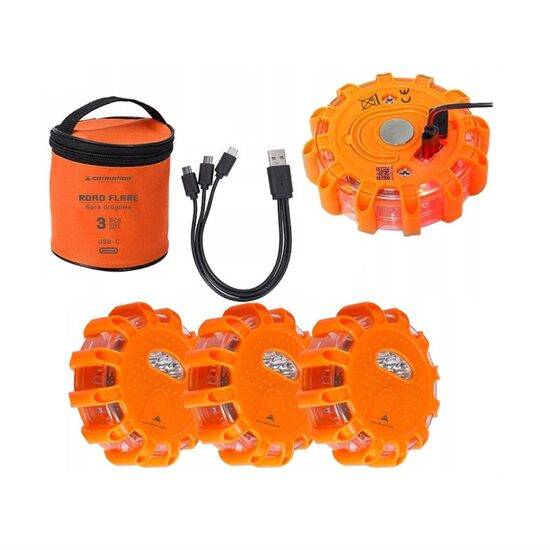 Set 3 lampi de avertizare in caz de urgenta, LED, cu lanterna, 9 moduri de lumina stroboscopica, cu carlig si magnet, 83199 Carmotion