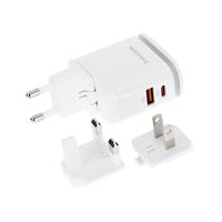 Incarcator rapid cu 2 USB-uri, priza 220V, LED, USB-C si USB-A, 25W, 3AQC, GaN PD, cu 3 adaptoare pentru prize UE, Marea Britanie și SUA, Wayme 63049 Carmotion