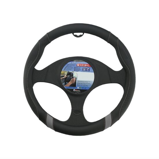 Husa volan 37-39cm, imitatie piele, carbon negru cu gri, Touring, 31458 Compass