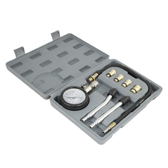 Set testare compresie cilindri pentru motoare pe benzină, cu manometru și adaptoare, Carmotion 63579
