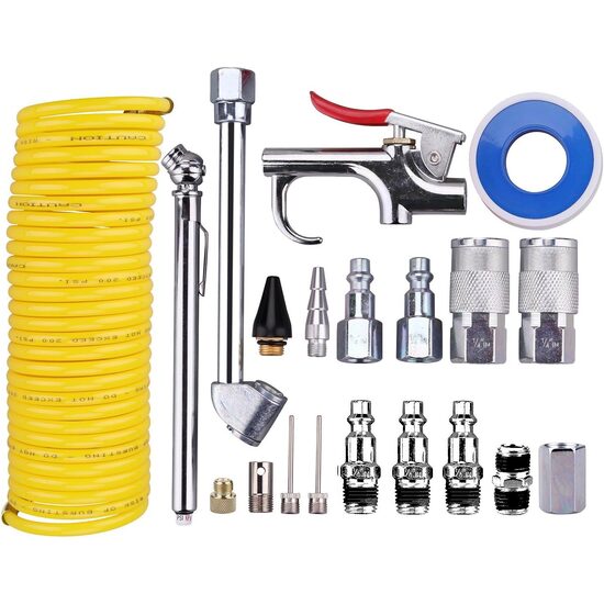 Set accesorii compresor aer, cu furtun spiralat, pistol suflare, conectori, duze si cuple rapide universale, set 20piese, RK49