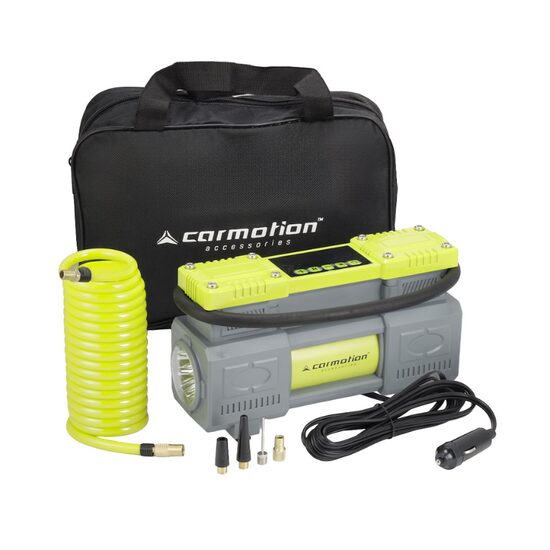 Compresor aer 12V, 10bar, 150psi, 60L/min, 180w, 2 pistoane, furtun spiralat, Carmotion 63341