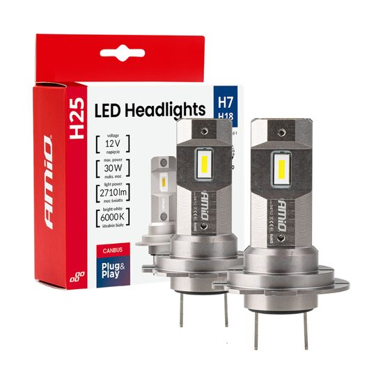 Set 2 becuri, H7 / H18, 2 Led-uri, 12V, 30W, 2710lm, 6000k, AMIO 04712