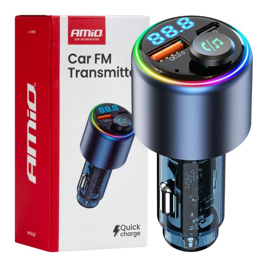 Transmitator FM MP3, 2×USB, QC3, PD, 12V-24V, multicolor, Amio 04655