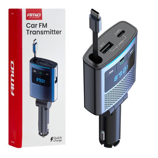 Transmitator auto FM cu hands-free, cu 2×USB si cablu retractabil QC PD65W, TipC si adaptor Ihpone, 12-24V, Amio 04656