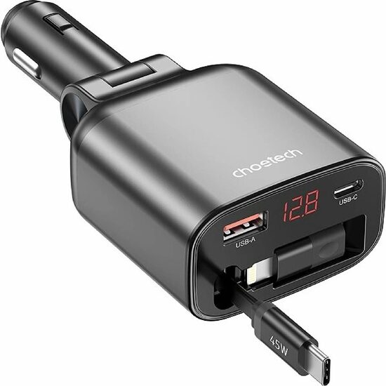 Incarcator auto 2xUSB (A+C) si voltmetru rabatabil, 105W,  cablu retractabil, 8m cu USB C si adaptor Iphone CHOETECH