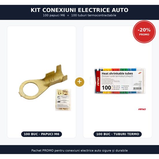 Pachet PROMO 20% Kit conexiuni electrice auto – 100 papuci M6 + 100 tuburi termocontractabile