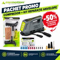 Pachet Promo Compresor auto 12V/230V, digital cu autostop si lanterna + 50% reducere la Kit reparatie anvelope cu snururi si dopuri