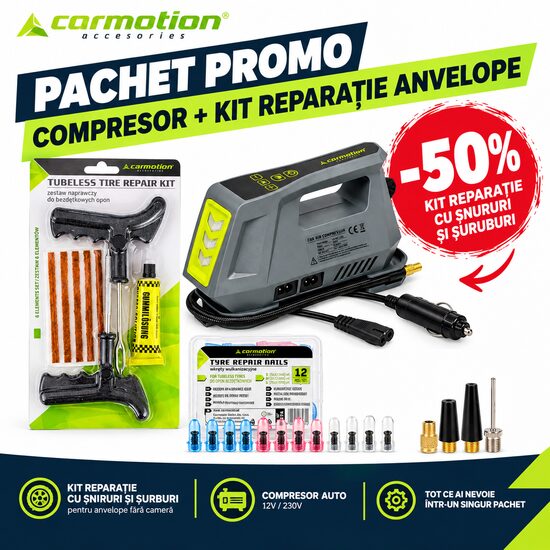 Pachet Promo Compresor auto 12V/230V, digital cu autostop si lanterna + 50% reducere la Kit reparatie anvelope cu snururi si dopuri