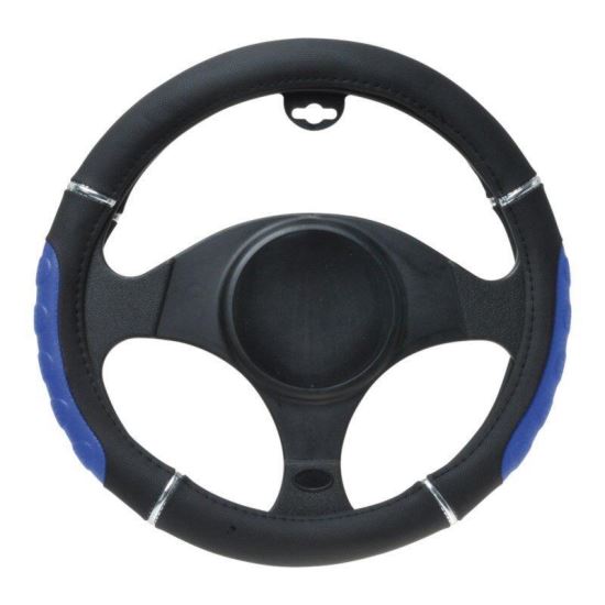 Husa volan 37 - 39cm negru cu albastru si inel argintiu cauciucat reliefat 6552 Automax