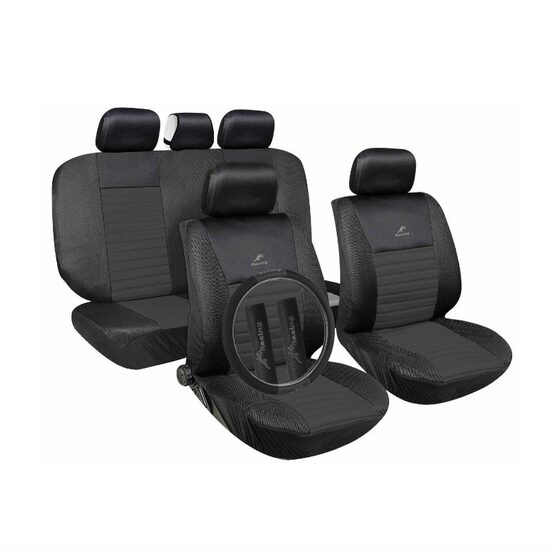Set 5 huse auto universale, airbag, cu husa volan si centura, negre, Tango Racing Black, 68616 CarCo