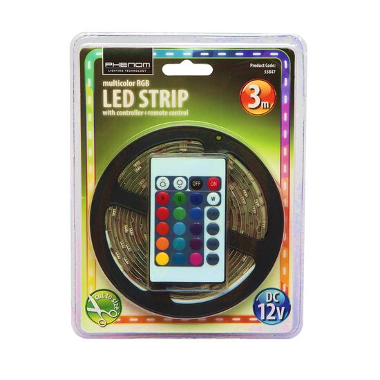 Banda cu LED-uri, RGB multicolora, 3M, cu telecomanda, adaptor 220V la 12V, 55847 Phenom 