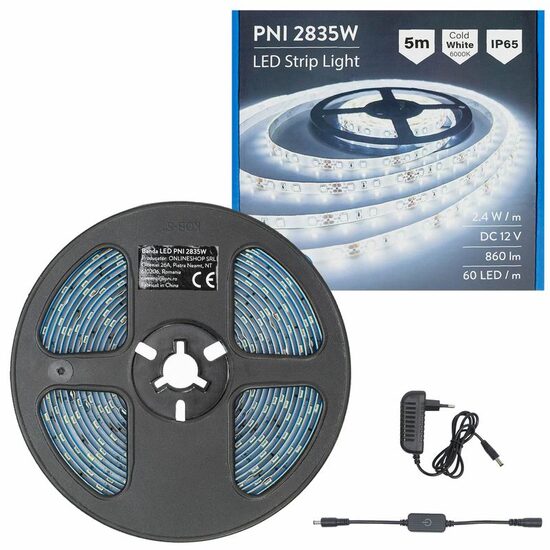 Banda LED, 300 SMD-uri 2835, 5m, 12V, alb rece 6000K, 860lm, siliconata, cu buton touch dimabil, alimentator 220V, IP65, PNI 2835W