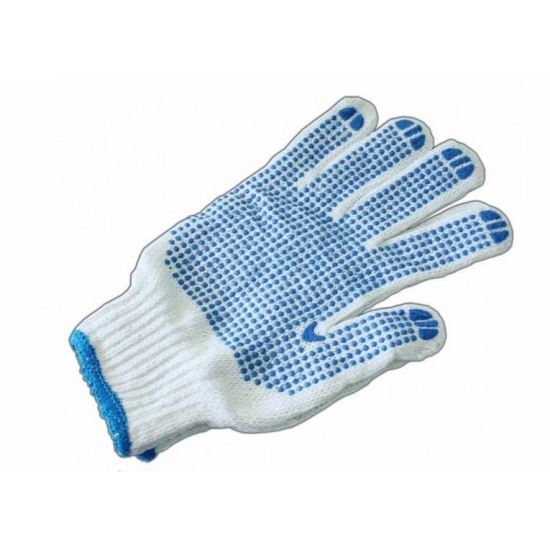 Manusi tricotate, material sintetic, albe cu aplicatii pvc antiderapante albastre 