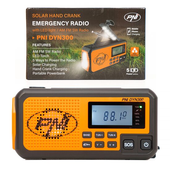 Radio portabil PNI DYN300, cu dinam, incarcare solara, lanterna, acumulator 4000 mAh, SOS, IPX3, orange
