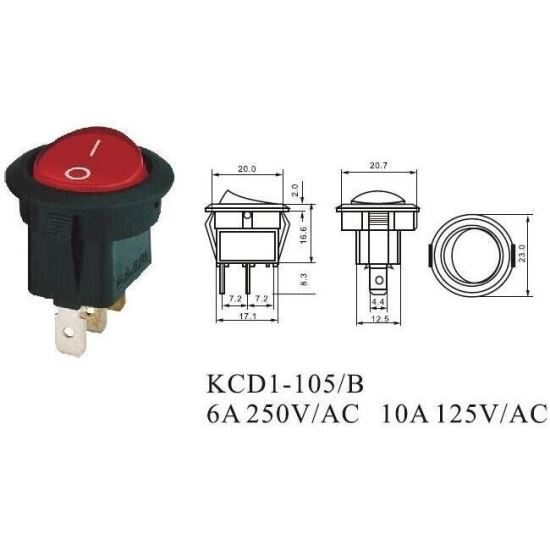 Buton basculant ON/OFF 2 faze, rotund, rosu, LED KCD1-602-AB2
